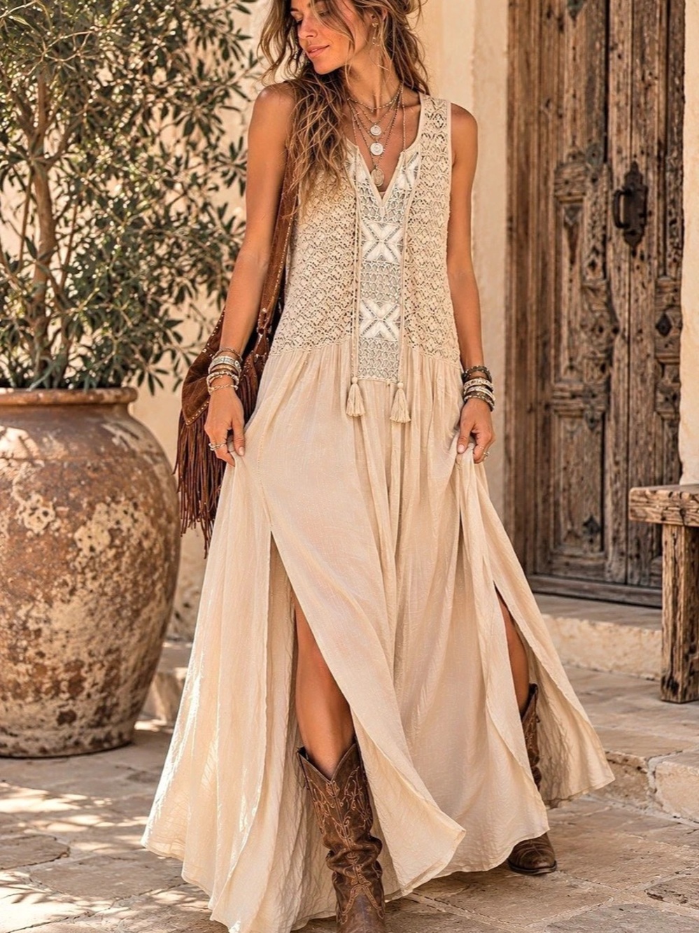 Aratta Silent Journey Women's Crochet Lace Beaded Tank Maxi Dress PTP: 20-21”